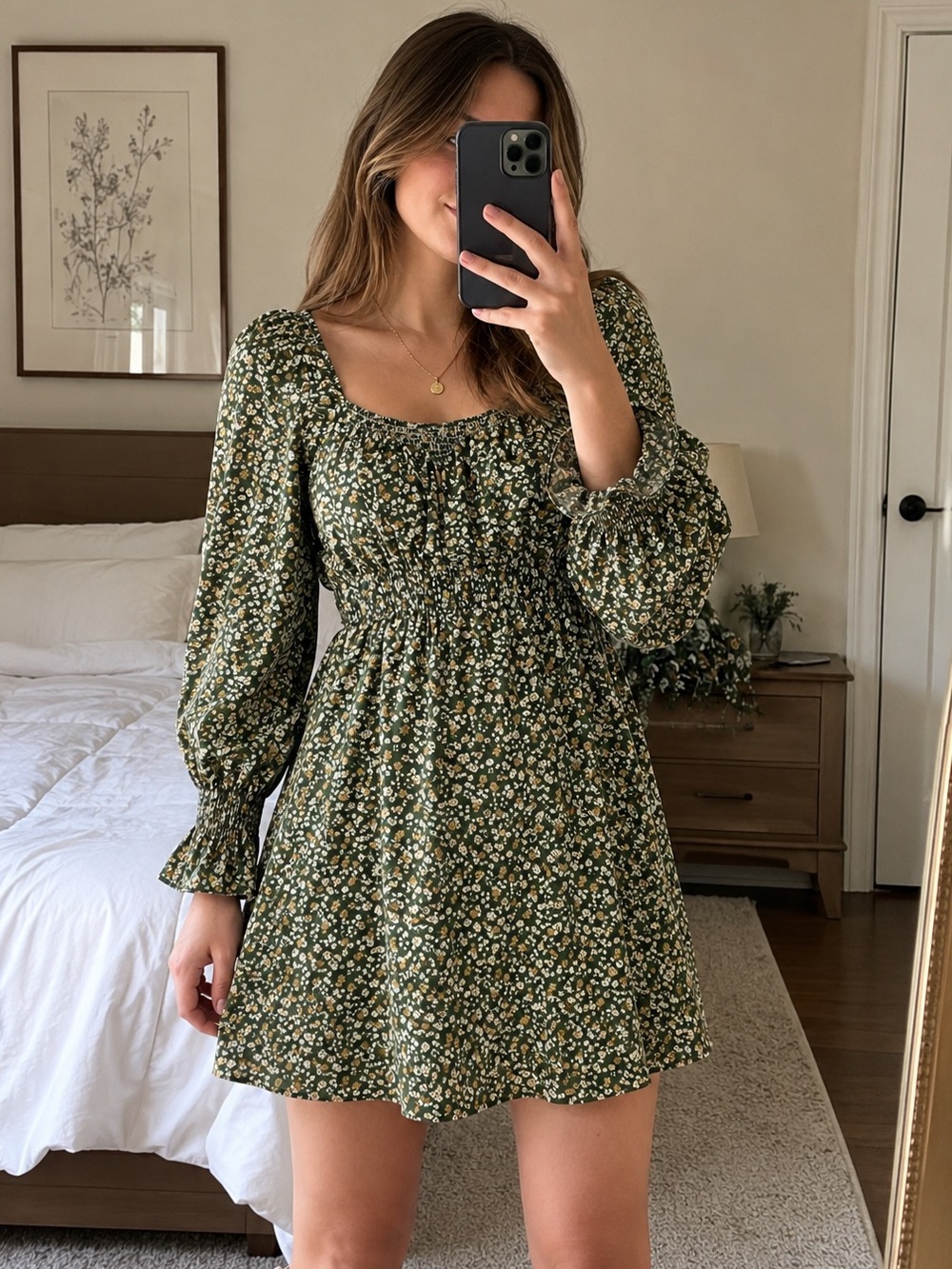Carly Jean Los Angeles CJLA Olive Green Floral Smocked Mini Dress